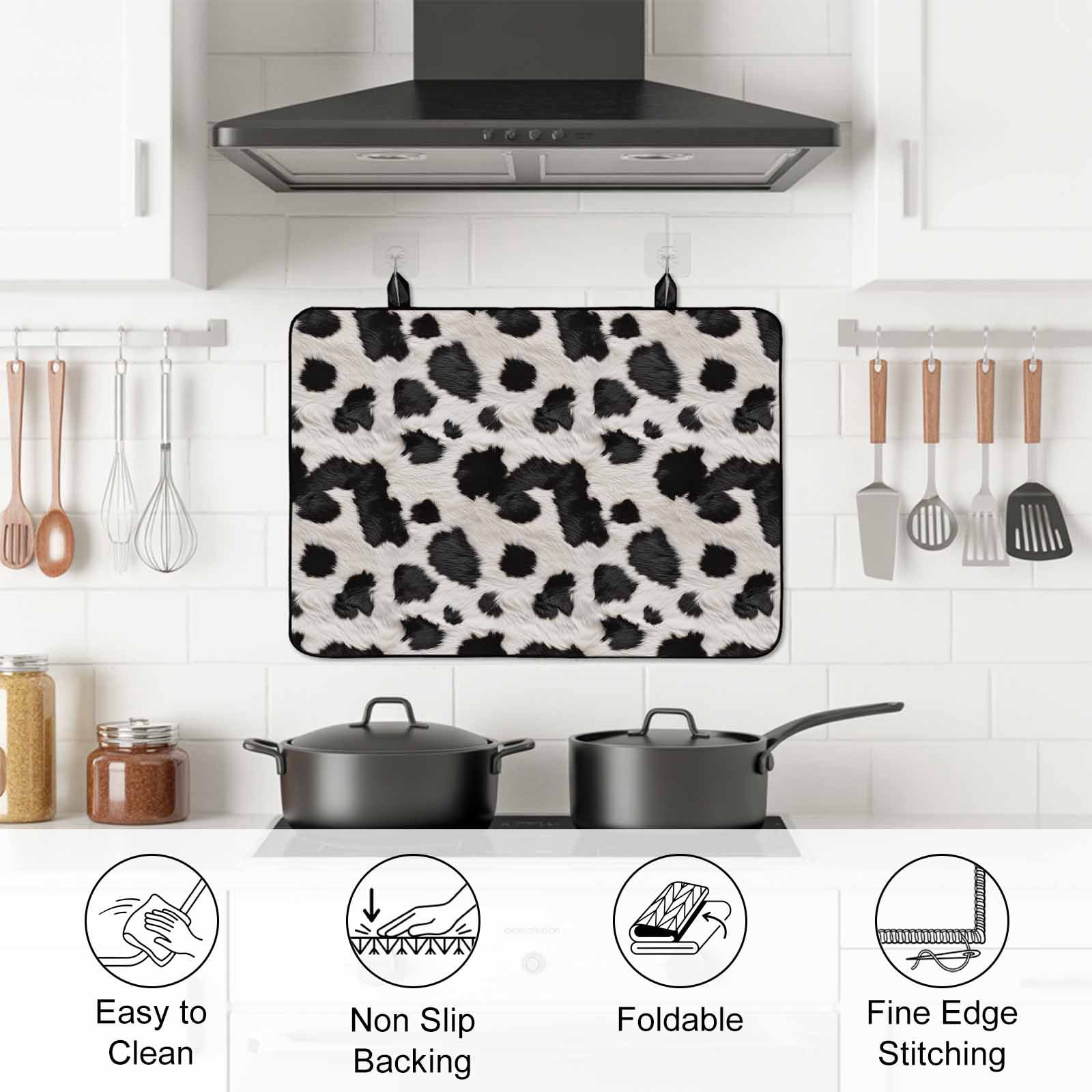 Black White Dots Stove Top Cover for Electric Stove, Heat-proof & Non Slip Glass Top Stove Cover Protector, Farmhouse Cow Spots Fur Retro Textured Kitchen Flat Cooktop Rubber Mat 24x21 Inches