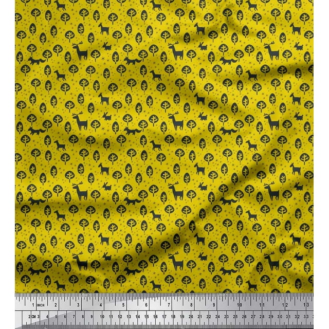 Soimoi Crepe Silk Fabric Tree & Animals Cartoon Printed Craft Fabric by The Yard 42 Inch Wide