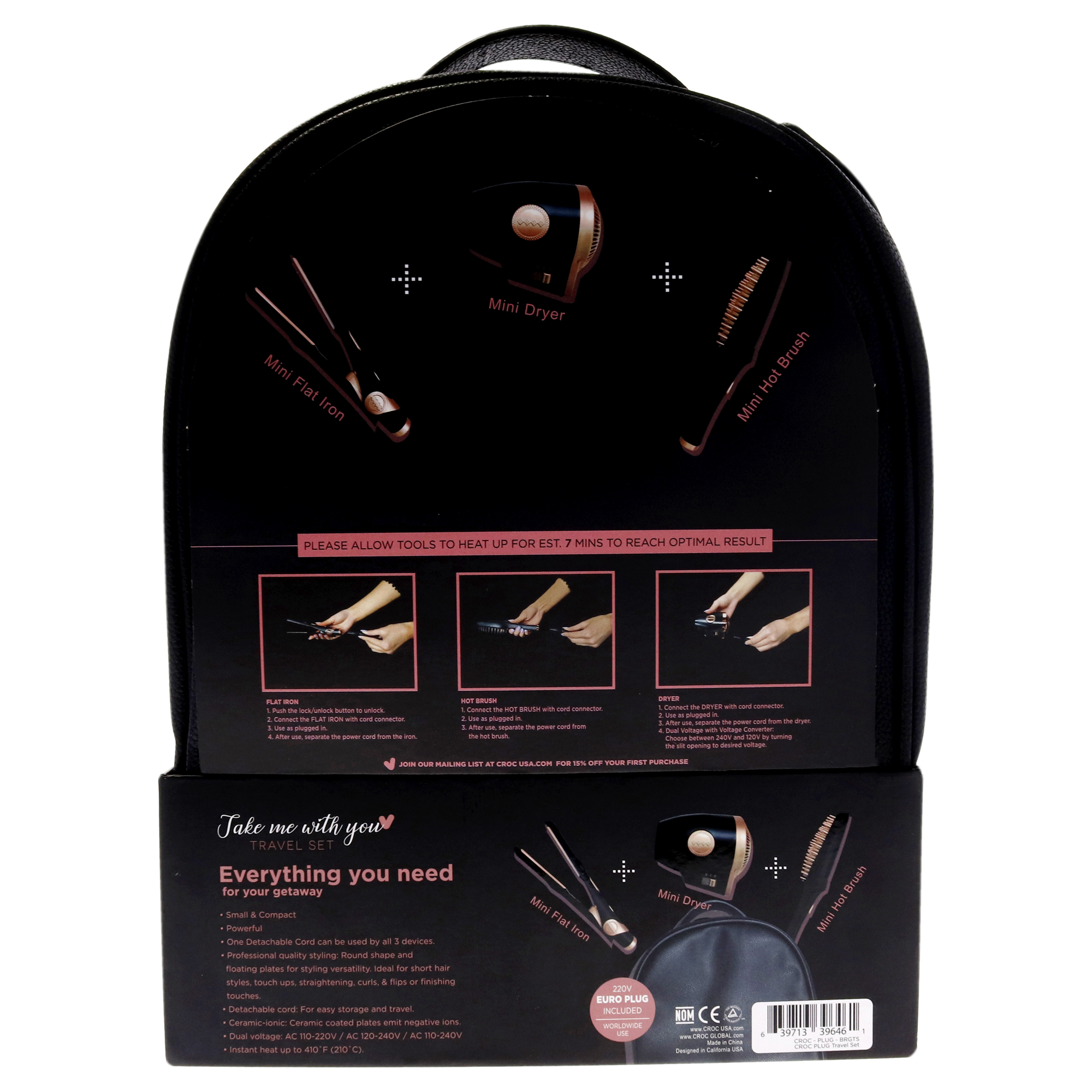 Croc Plug In Travel Kit 3 Pc Rose Gold Mini Flat Iron Mini Hot Brush Mini Blow Dryer Walmart