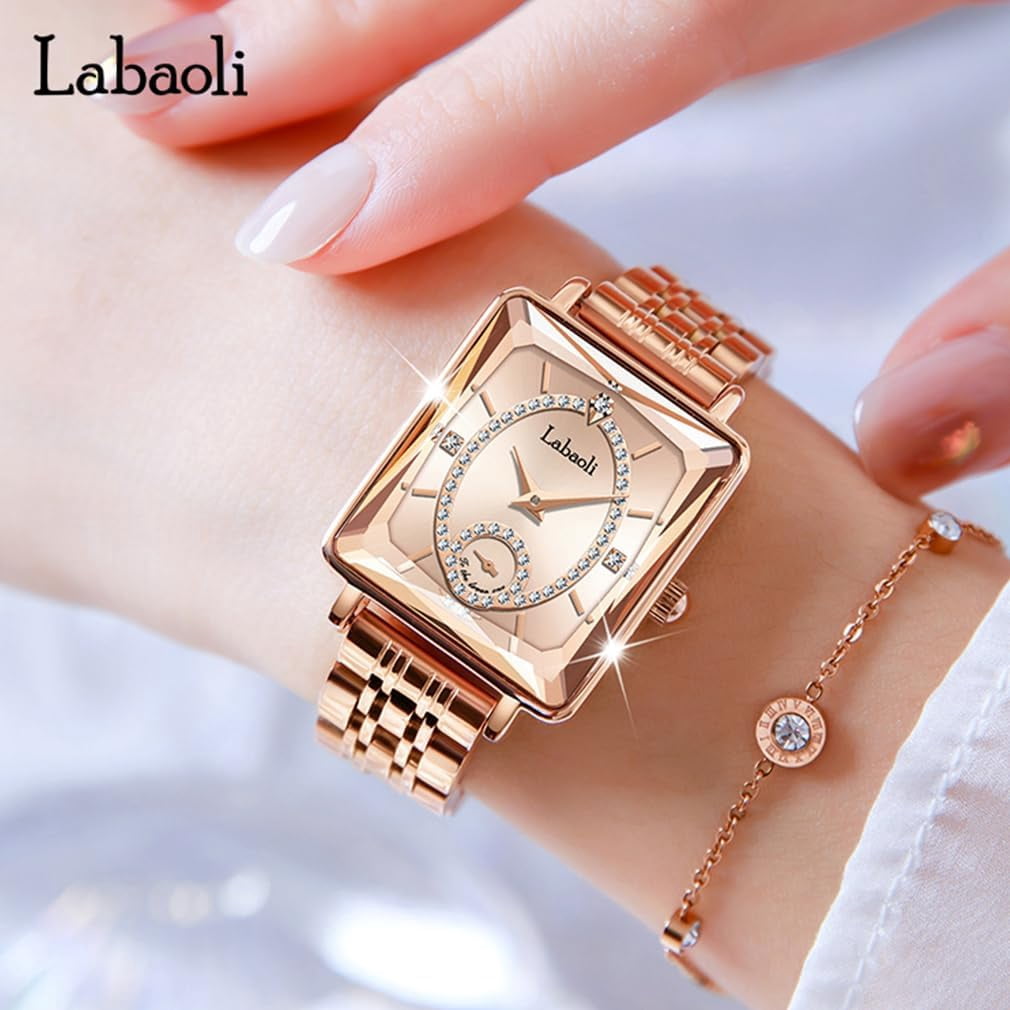 Watches for Women Rose Gold Square Stainless Luxury Fashion Diamond Analog Quartz Waterproof Dress Casual Small Simple Ladies Female Wife Gifts Gold Wrist Watch