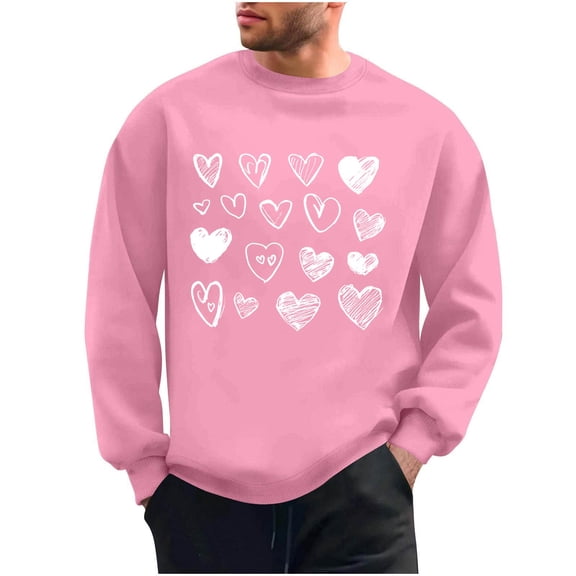 Mens Valentines Day Sweatshirts Love Heart Printed Graphic Casual Loose Long Sleeve Crewneck Pullover Shirts Top (S, Pink)