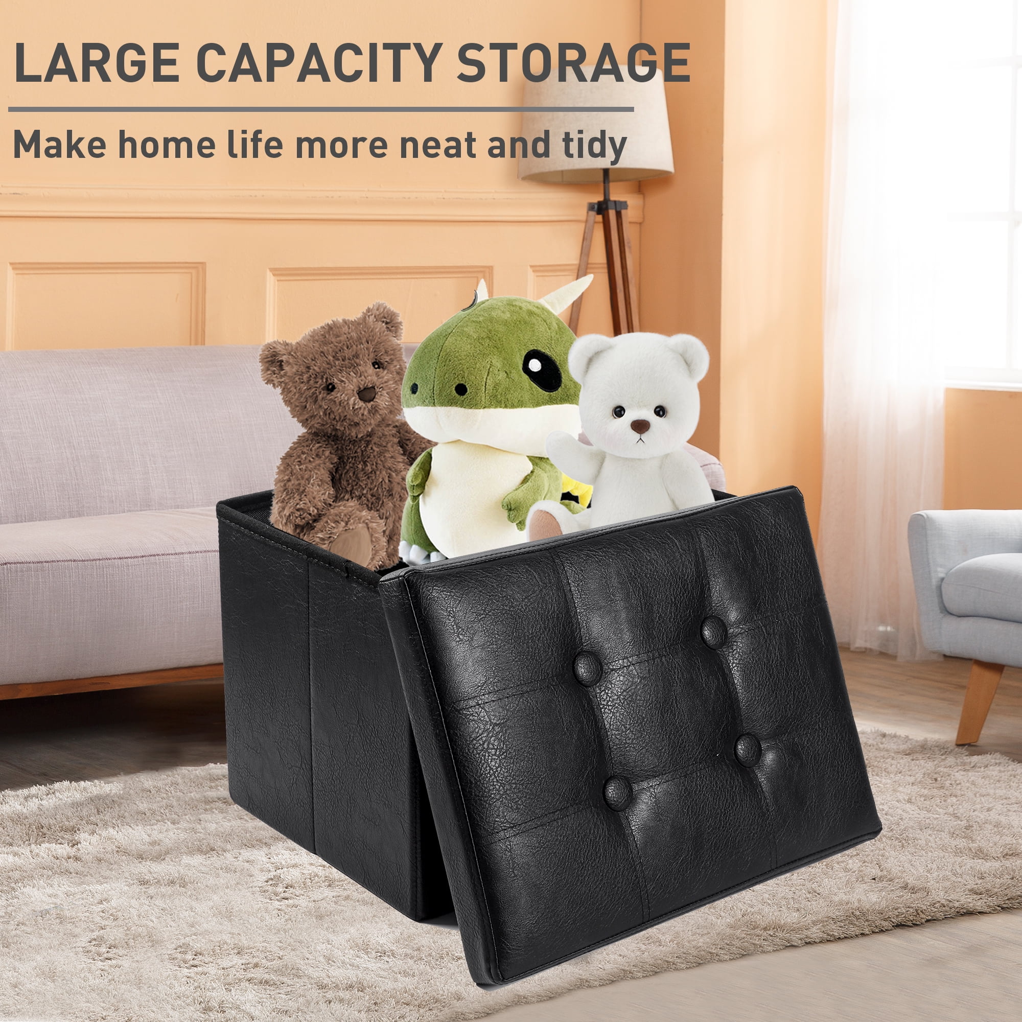 Soyota Folding Leather Padded Storage Ottoman, Black