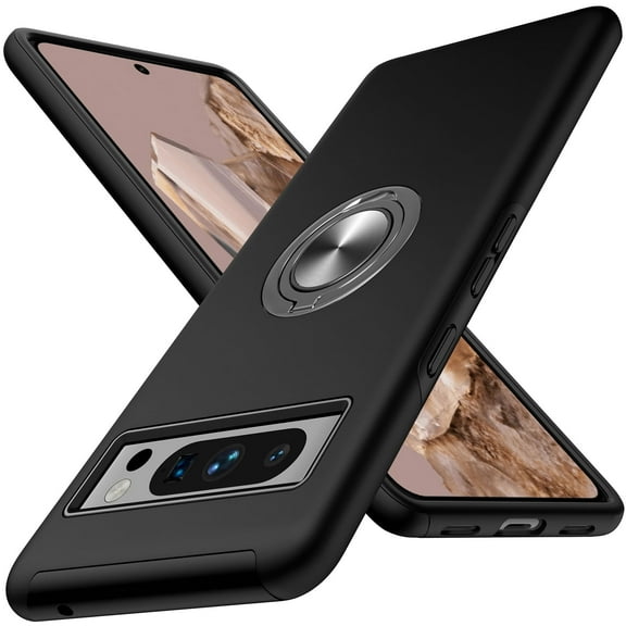 AIOVETEAB for Google Pixel 8 Pro Case,Silky Soft Touch Heavy Duty Protective Cover with Ring Holder Kickstand Magnetic Phone Case for Pixel 8 Pro 2023 (Black)