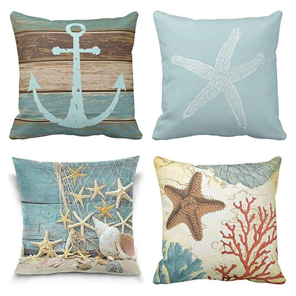 SUFAM Set of 4 Pillow Cases Starfish Fish Turquoise Nautical Anchor