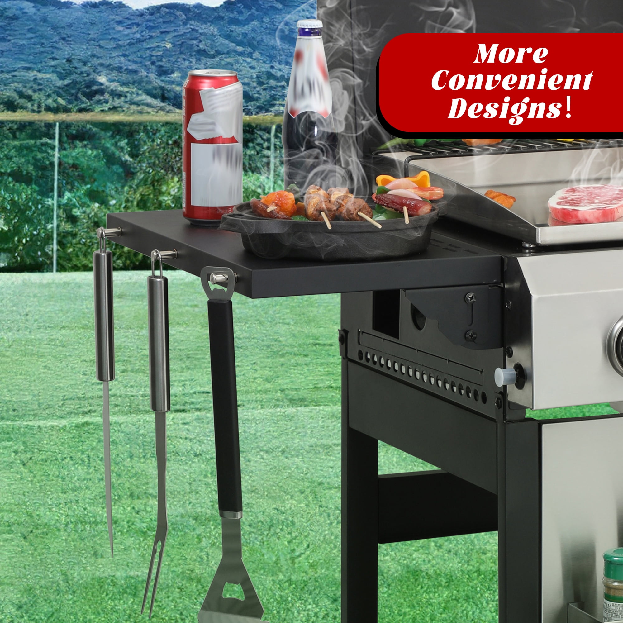 Nice Cooker 3-Burner Flat Top Propane Gas Grill with Foldable Side Table, 36,900 BTU Outdoor BBQ Grill, Porcelain-Enameled Grids & Built-in Thermometer – Perfect for Backyard, Camping, Patio Cooking