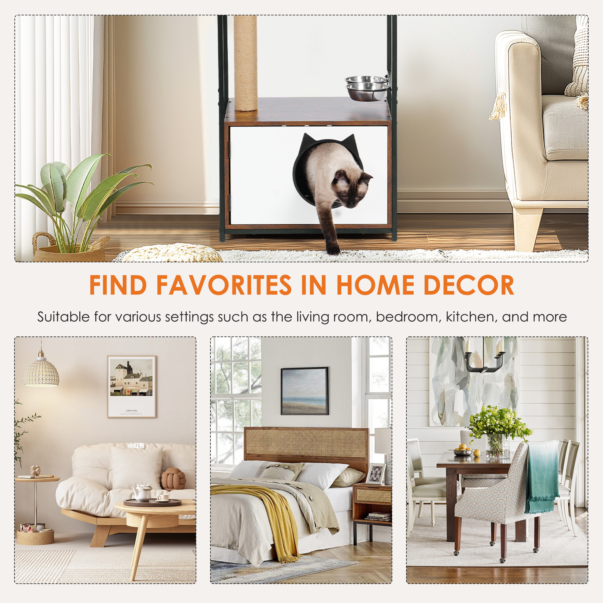 Pefilos 33" Wooden Cat House with Scratching Posts, Indoor Cat Condo with Feeding Station, Cat Shelter Furniture, Brown