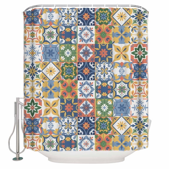 Vintage Mediterranean Bathroom Shower Curtains with 12 Hooks Polyester Waterproof Shower Curtain for Stalls and Bathtubs Blue and Yellow Tiles Texture Decorative Bathroom Privacy Curtain 72x78 Inches