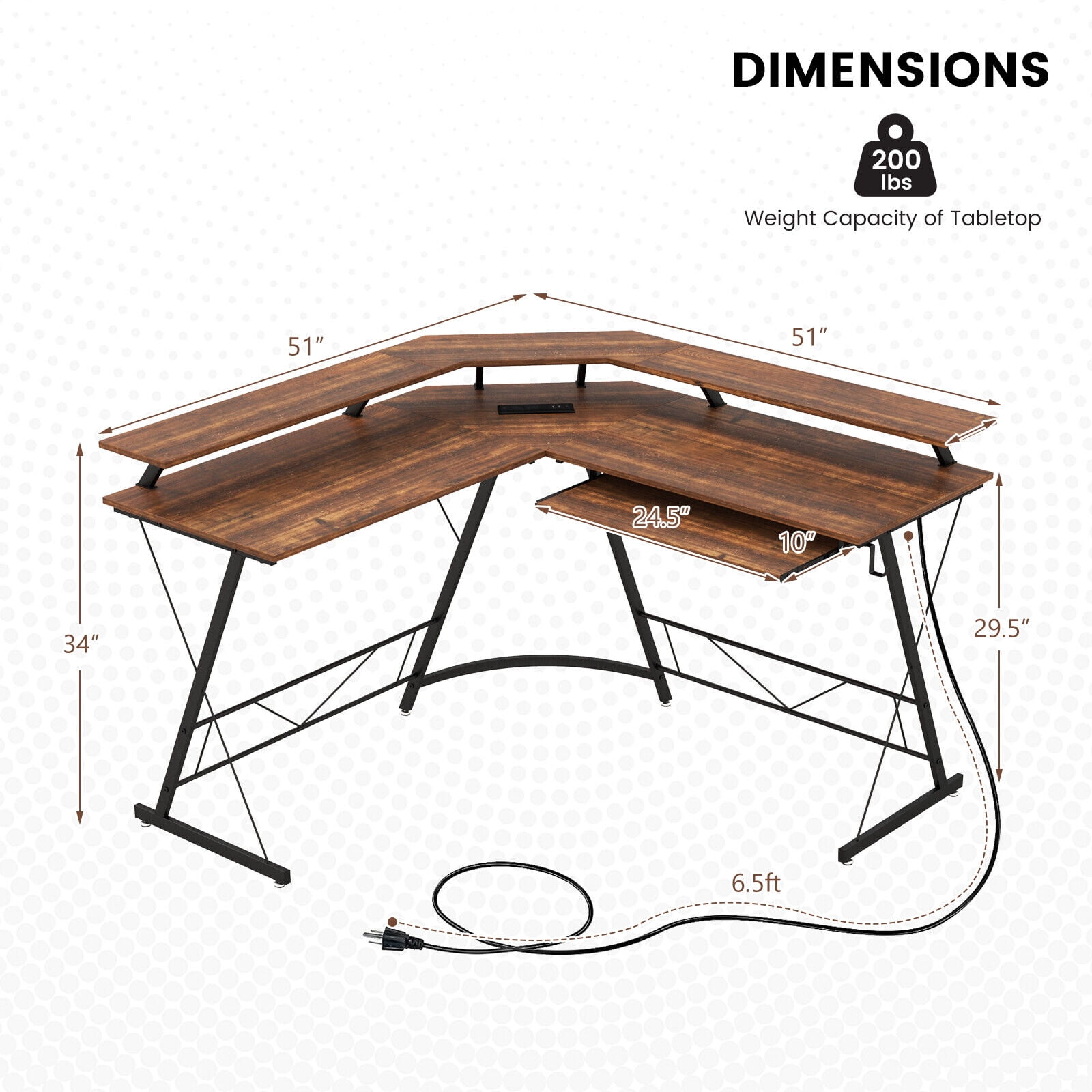 Amijoy L-shaped Computer Corner Desk, 51" Reversible L Shaped Home Office Desk w/Power Outlet, USB Ports, Monitor Stand, Keyboard Tray