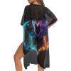 SCRAWLGOD Flame Ice Wolf Print Beach Cover Ups for Women Long Flowy Swimsuit Coverup Galaxy Print Open Front Lightweight Bathing Suit Cover Up for Summer Beach