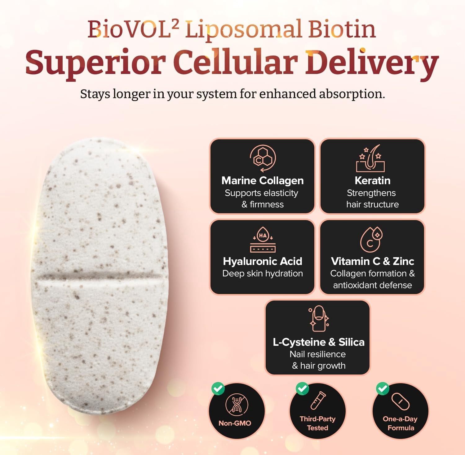 Pureclinica 400% Strength Biotin 40,000mcg – BioVOL²® Liposomal Biotin Complex with Marine Collagen, Keratin, Vitamin C & Hyaluronic Acid – 90 Caplets (3-Month Supply)