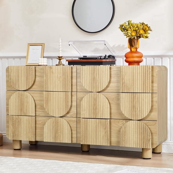 LEFHDA Fluted 6 Drawer Dresser for Bedroom, 53.1" Wide Wood Chest of Drawers with Curved Profile Design, Mid Century Modern Storage Dresser Organizer for Living Room, Hallway, Closet（Oak）