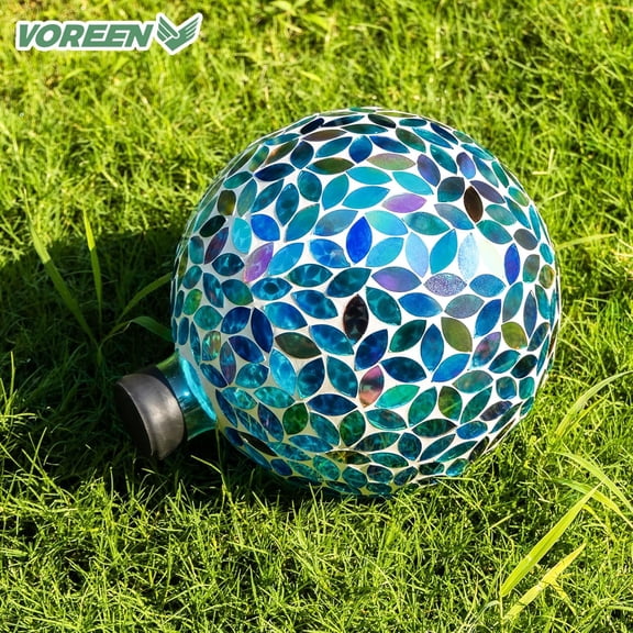 Mosaic Glass Gazing Ball 10 Inch Handmade Reflective Garden  Outdoor  Lawn Yard Decor Sphere Blue Amber Colorful Design Weather Resistant