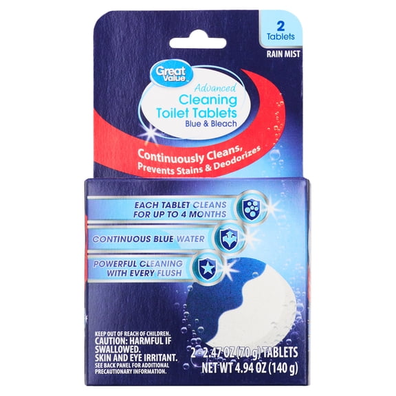 Great Value Toilet Bowl Cleaner Tablets, Blue & Bleach, 2 Count