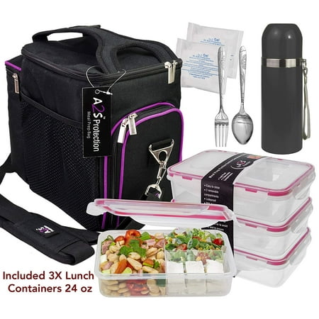 A2S Complete Meal Prep Lunch Box - 8 Pcs Set: Cooler Bag 3x Portion Control Bento Lunch Containers Leakproof 3 Compartments Microwavable BPA Free - Fork & Spoon - Thermos - 2x Ice Gel (Black /