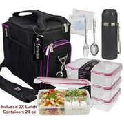 A2S Complete Meal Prep Lunch Box - 8 Pcs Set: Cooler Bag 3x Portion Control Bento Lunch Containers Leakproof 3 Compartments Microwavable BPA Free - Fork & Spoon - Thermos - 2x Ice Gel (Black / Purple)