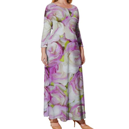 Myst Design Oversized Women's Long Sleeve Dresses, White Purple Rose Long Plus Size Dress, Loose Fit Casual Maxi Dresses with Pockets, XL