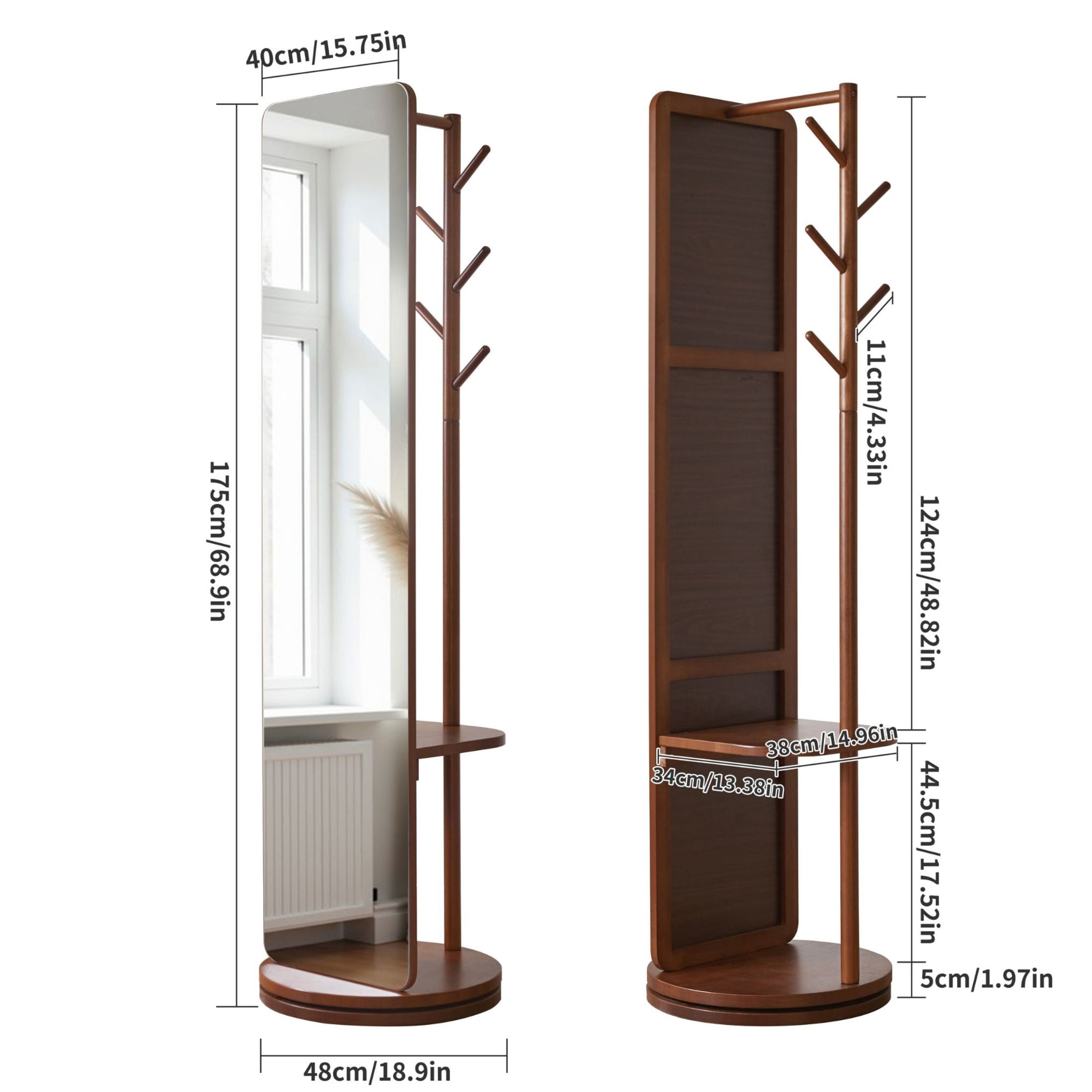 Noble House 68.9"x18.9" Full Length Mirror with Stand, Solid Wood Swivel Floor Mirror Coat Rack, Walnut