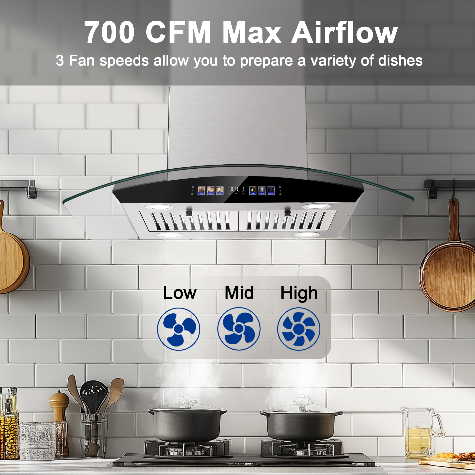 Joeaonz 30 Inch Stainless Steel Island Mount Range Hood 700 CFM with LED Lights, 3-Speed Fan, Gesture Control