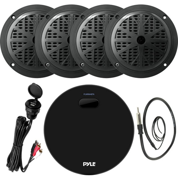 Pyle PLMRM4BTA Marine Water Resistant Bluetooth USB AUX Amplifier Receiver with 2 Pairs of 5.25'' 100 Watts 2-Way Full Range Black Waterproof Marine Stereo Speakers, Wired Antenna, USB/AUX Interface