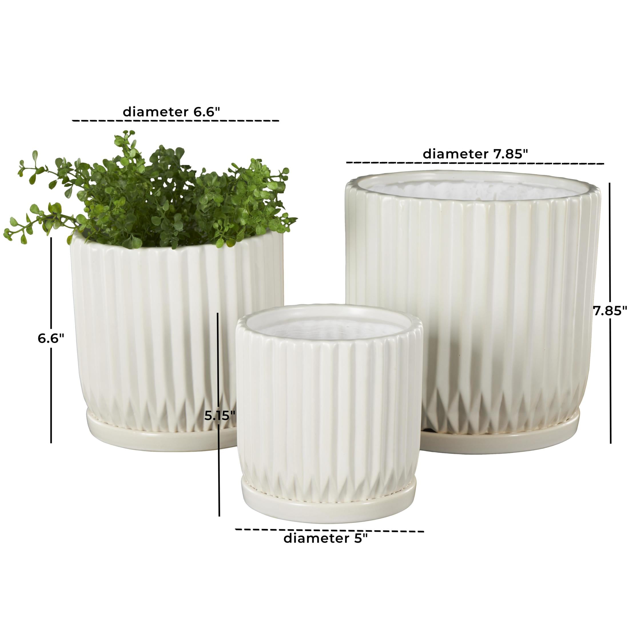 DecMode 8",7",5"H Ribbed White Ceramic Planter with Attached Saucer (3 Count)