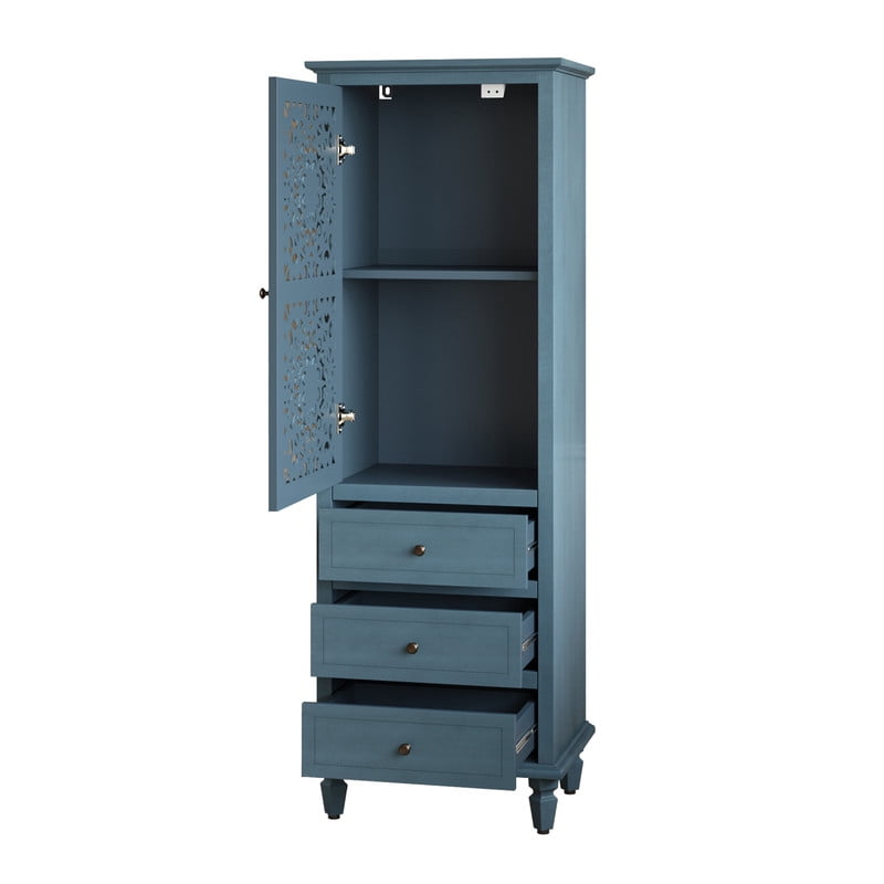 Vintage Storage Cabinet with Carved Door & 3 Drawers, Freestanding Decorative Sideboard, Display Cabinet with Adjustable Shelf