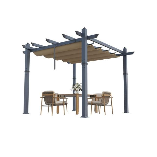 10x10 FT Aluminum Pergola with Retractable Canopy, Grey Wood Grain Outdoor Shade Structure, Powder-Coated Rust-Resistant Frame for Patio, Deck, and Garden