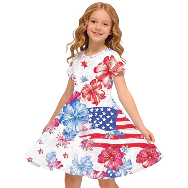 Odeerbi Niñas Día de La Independencia Vestido de Línea A Verano Patriótico Cuello Redondo Manga Corta Vestido Casual