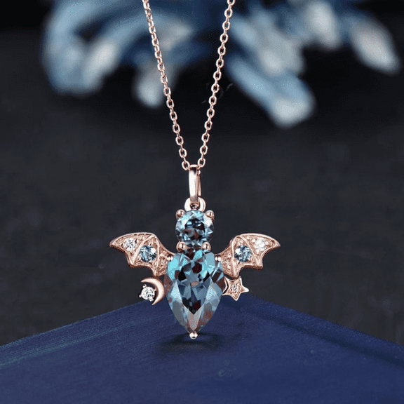 Teardrop Alexandrite Pendant 14k Rose Gold Finish - Moon Star Diamond Bat Necklace - Antique Vintage June Birthstone Necklace For Women