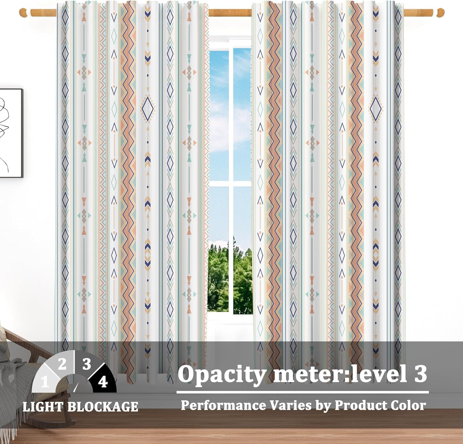 52 x 63 Inch Boho Linen Curtains for Bedroom Living Room Farmhouse Boho Curtains Rod Pocket Geometric Striped Patterned Light Filtering Thermal Insulated Window Drapes Black On Beige 2 Panels