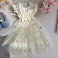 thumbnail image 2 of Robes Décontractées pour Filles en Bas Âge Été Broderie Florale Col Rond Manches Volantes Nœud Robe de Danse Tenue de Vacances, Beige, 2-3 Ans, 2 of 4