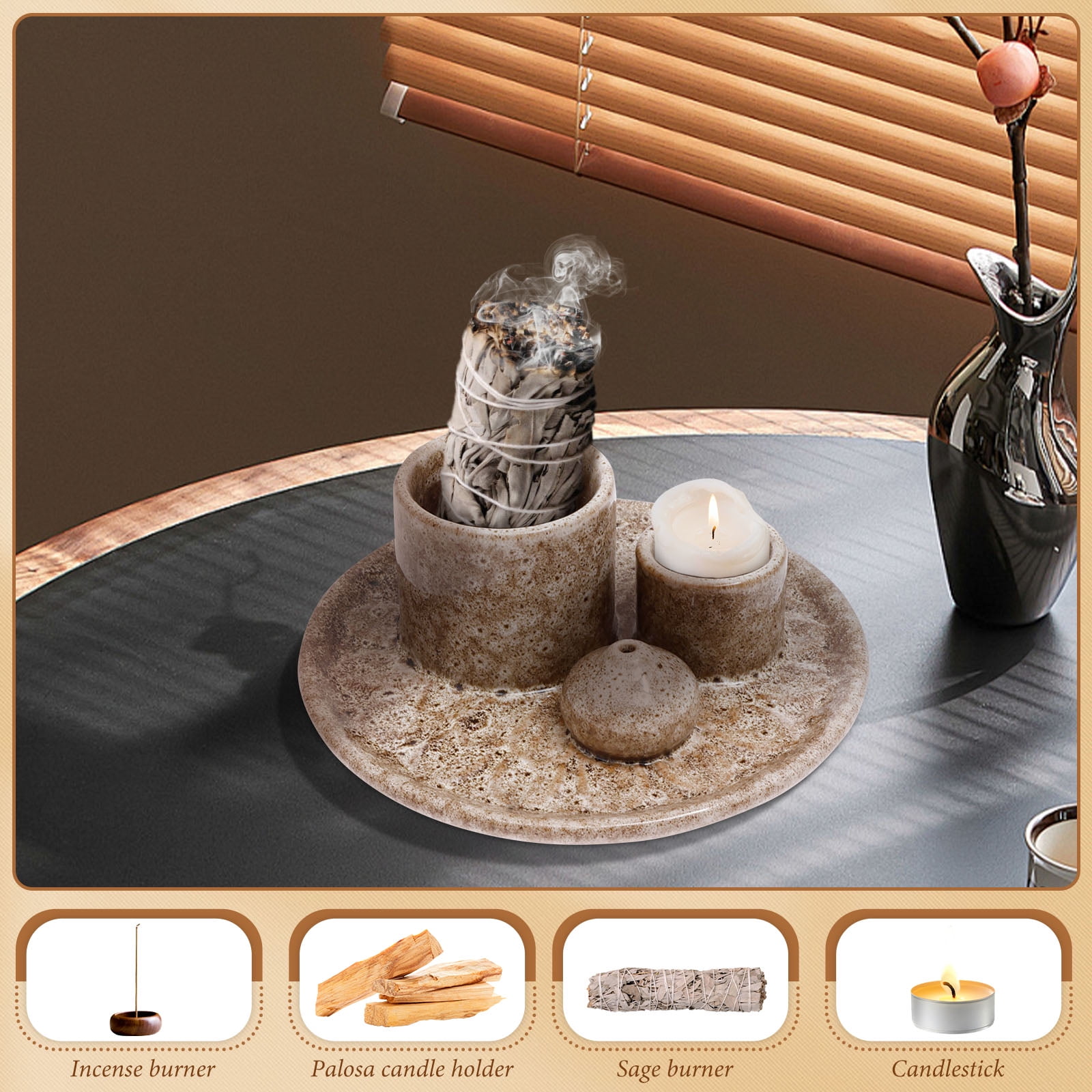 4 In 1 Ceramic Incense Holder Bowl Palo Santo Burner Sage Stick Ash Catcher Tray (white )