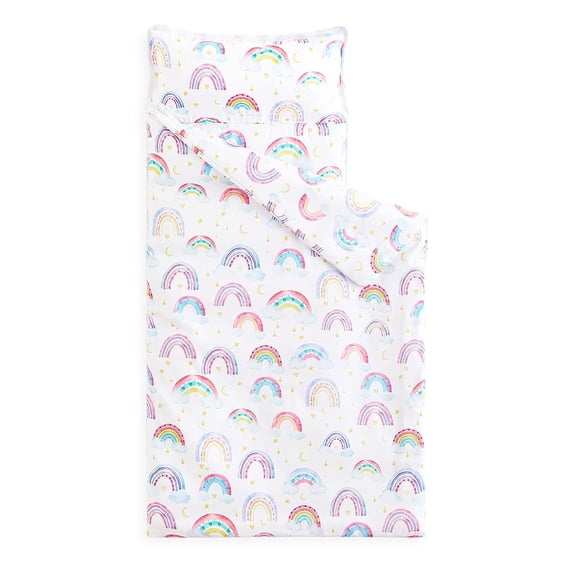 Nap Mat with Removable Pillow for Kids Toddler Boys Girls Daycare Preschool Kindergarten Sleeping Bag, Rainbows and Clouds Printed on White,100% Soft Microfiber