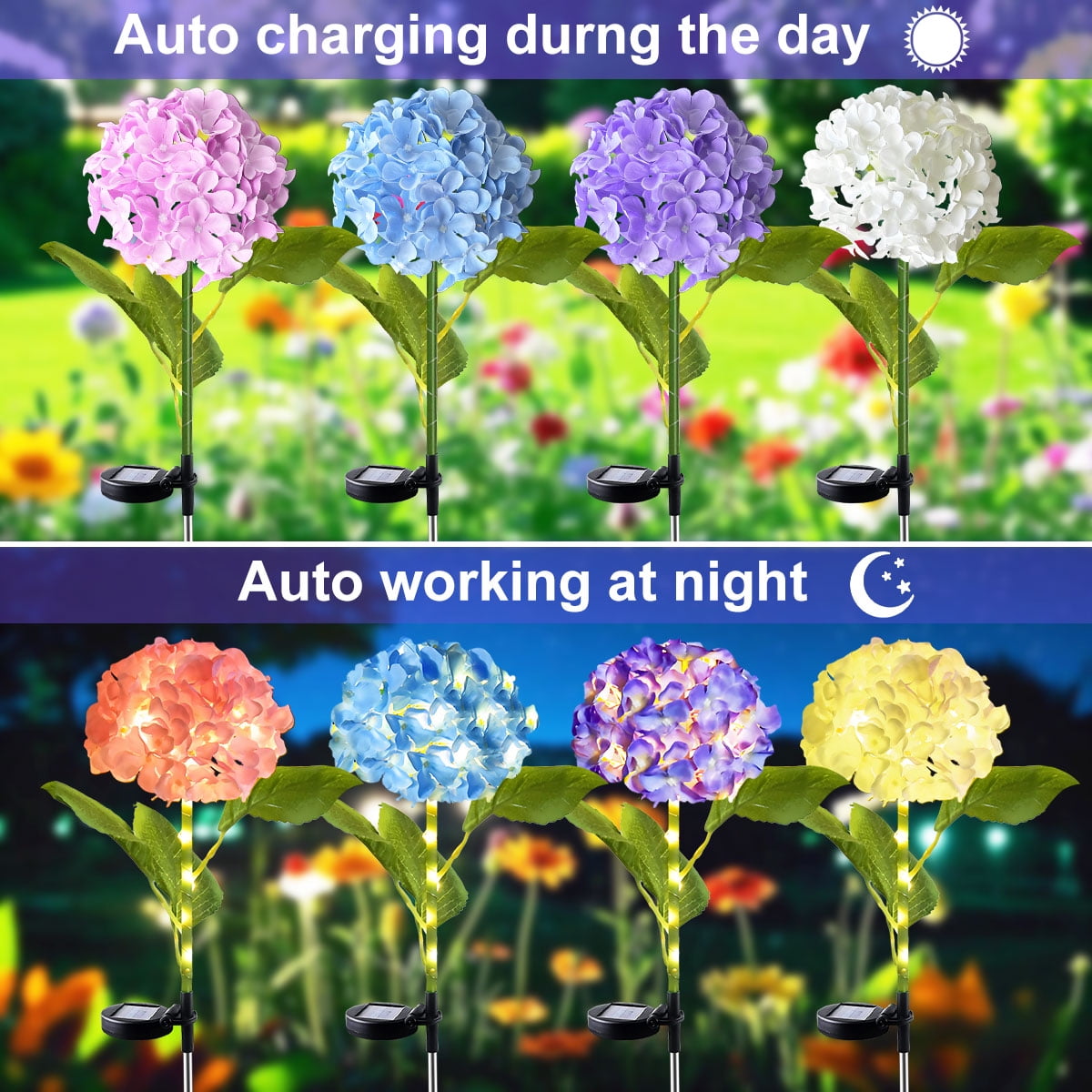 Rirool 4 Pack Solar Garden Lights Outdoor, Dual Mode Solar Hydrangea Flower Lights with 600mAh Battery, IP65 Waterproof, Warm White LED for Yard Pathway Lawn Patio Decoration