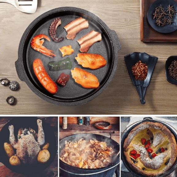 Camp Dutch Oven Pre Seasoned Cast Iron Lid Also a Skillet Casserole Pot with Lid Lifter for Camping Cooking BBQ Baking 6QT(Pot Lid)
