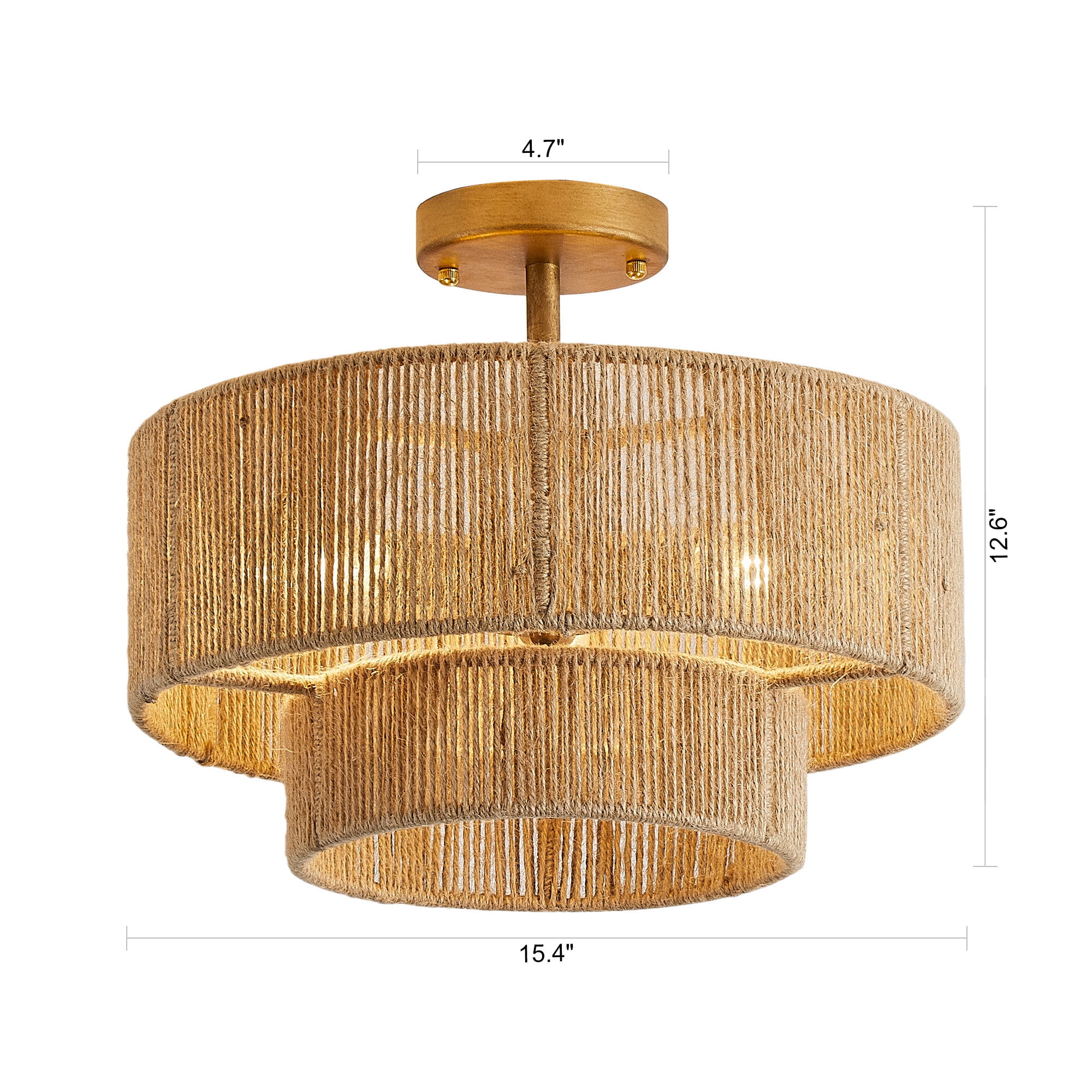 Parrot Uncle 15.4" Boho Hemp Rope Semi-Flush Mount Retro Gold Ceiling Lights Fixture