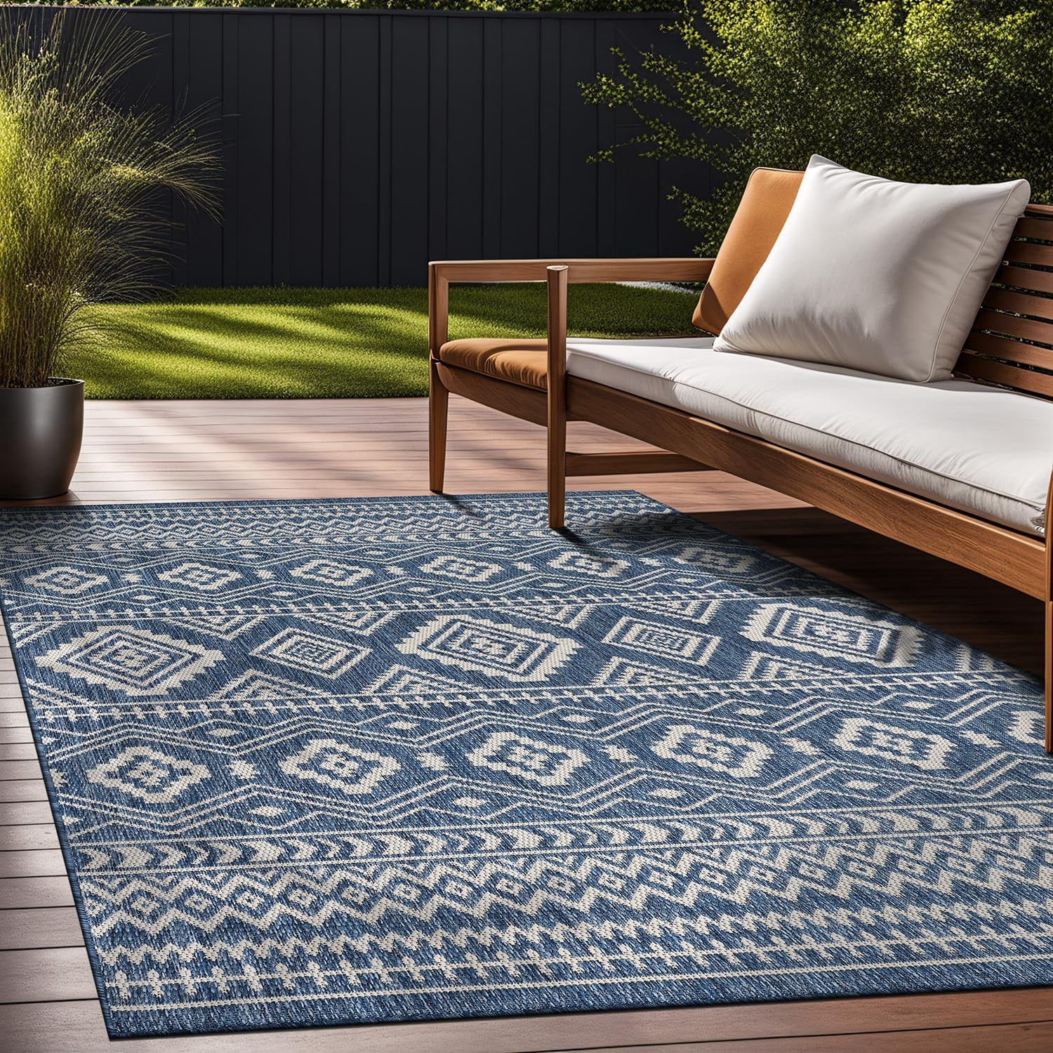 Beverly Rug Outdoor Area Rugs, Waterproof Patio Porch Garden Carpet,Azure and White, 10'x14'