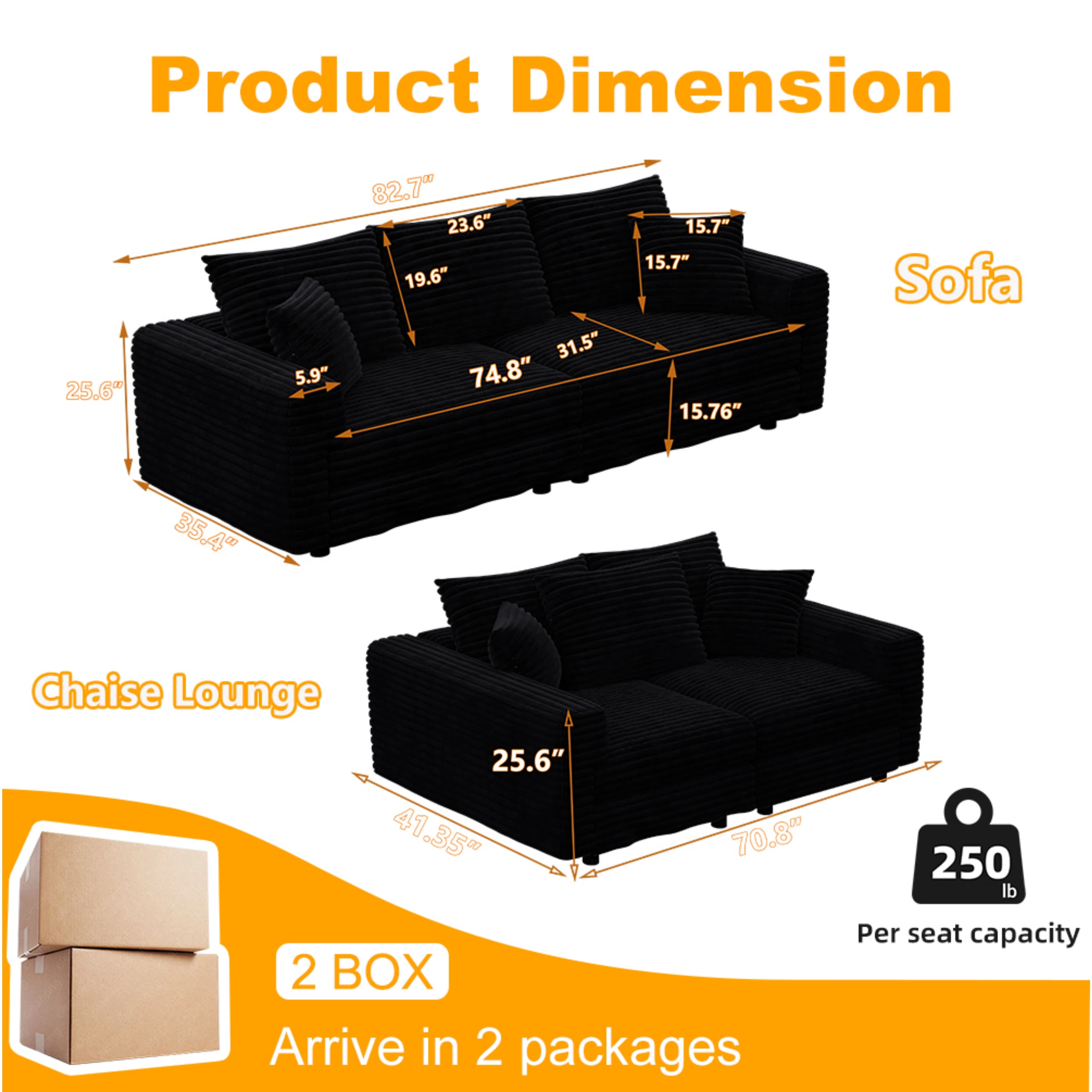 Alvantor 3-Seat Sofa 83 " W Corduroy Upholstered Deep Seat Couches Convertible Chaise for Living Room, Apartment Black