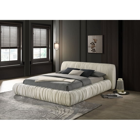 Contemporary Style 1pc Queen Size Bed Ivory Fabric Pleated Upholstered Bed Platform Bedframe Bedroom