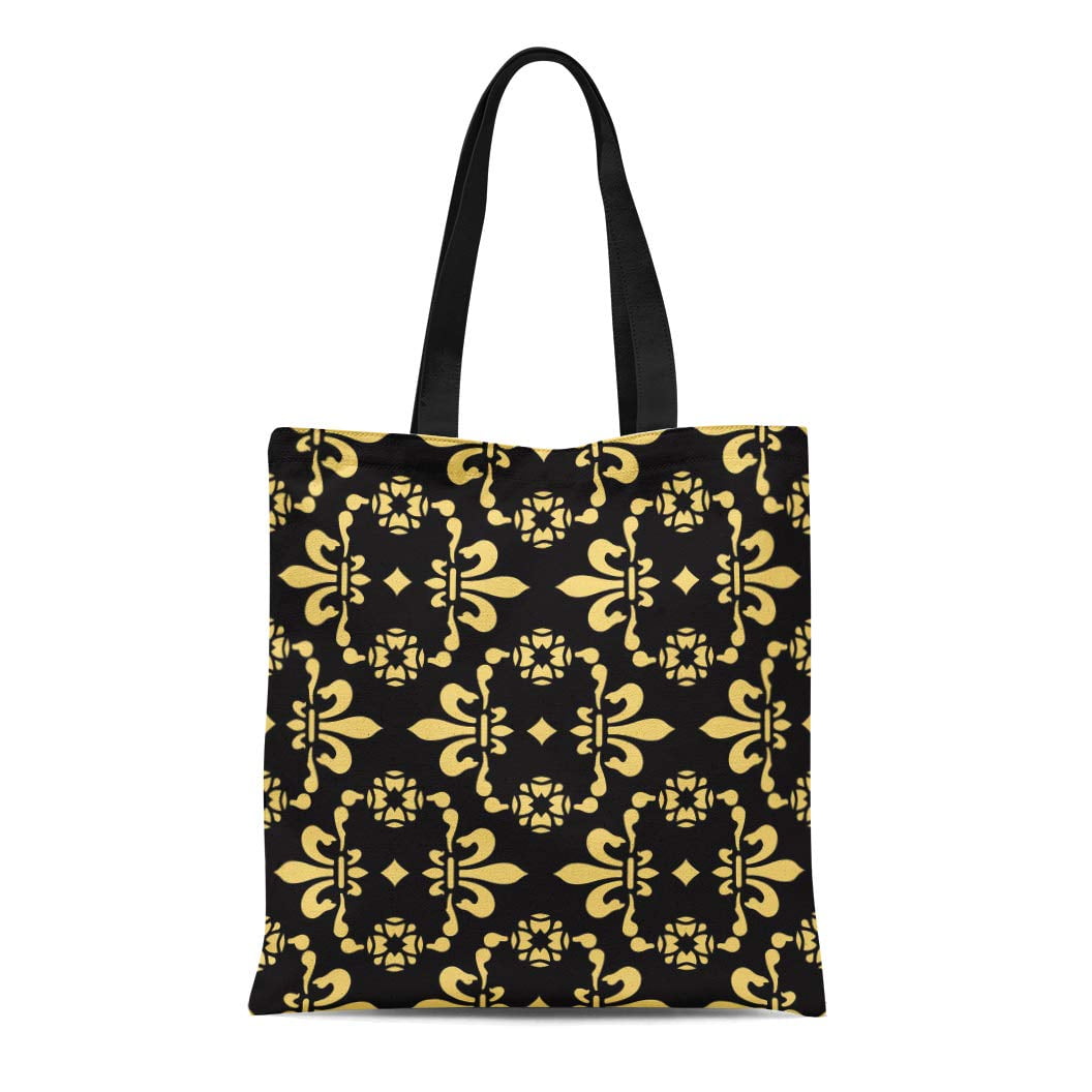 NUDECOR Canvas Tote Bag French Black and Gold Vintage Medieval Fleur De Lis Reusable Shoulder Grocery Shopping Bags Handbag