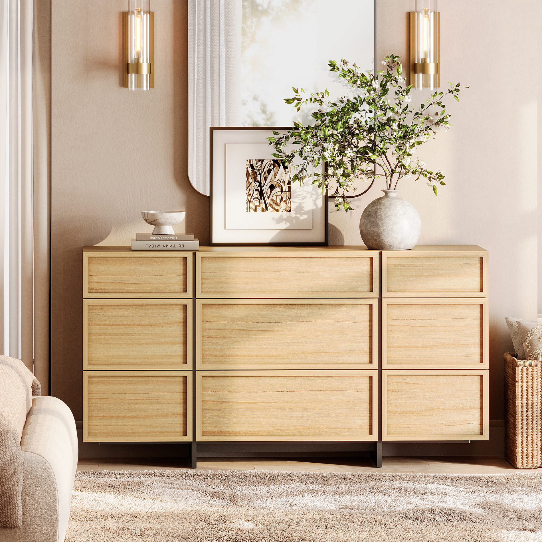 Modern Wooden Dresser, 9 Drawers Chest of Drawers with T-Shaped Sturdy Wood Legs, Multi-Functional Storage Cabinet Organizer for Bedroom, Hallway, Living Room,Oak