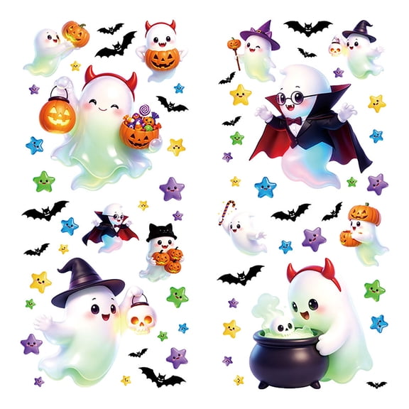 4Pcs Halloween Window Stickers, Window Clings Decals, Cute Vampire Witch Ghost Pumpkin Bat PVC Stickers for Trick or Treat Party Home Window Door Decor Accessories