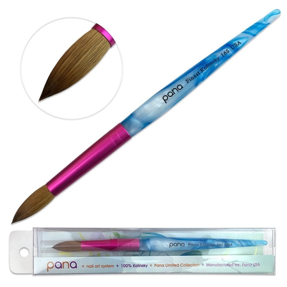 PANA USA Cepillo de uñas acrílico puro pelo Kolinsky acrílico blanco remolino mango azul con virola rosa forma redonda - Tamaño 16