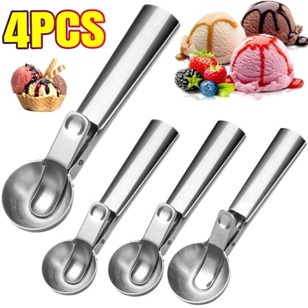 4PCS Ice Cream Scoop, Portable Stainless Steel Ice Cream Scoops with Trigger and Comfortable Handle, Icecream Spoons for DIY Ice Cream, Fruit, Cookie, Dishwasher Safe