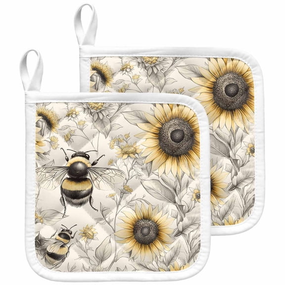 Sunflowers Bees Pot Holders for Kitchen Heatproof Potholder, 2 Pack Summer Vintage Flowers Leaf Plant Hot Pads Multipurpose Oven Pads Cloth Potholders Trivet for Cooking and Baking