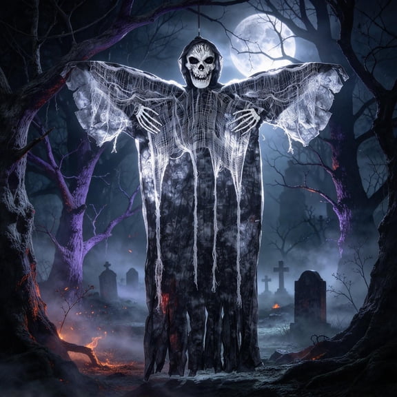 SINKOO 51 inch Hanging Halloween Skeleton Decorations, Spooky Flying Grim Reaper Halloween Decorations for Outdoor Indoor Ghost Skulls for House Porch Yard Patio Decor