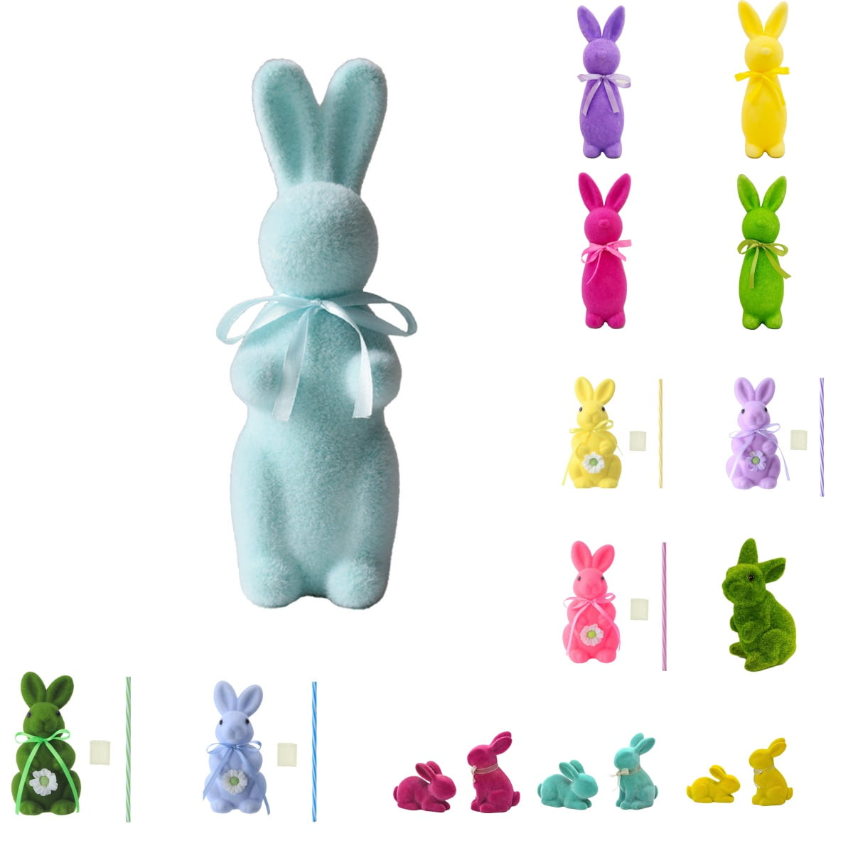 OAVQHLG3B Easter Flocked Bunnies Flocking Rabbit Figurines with Bow Ties Adorable Spring Tabletop Ornaments for Home Garden Decor Bunnies Decoration for Easter Celebration