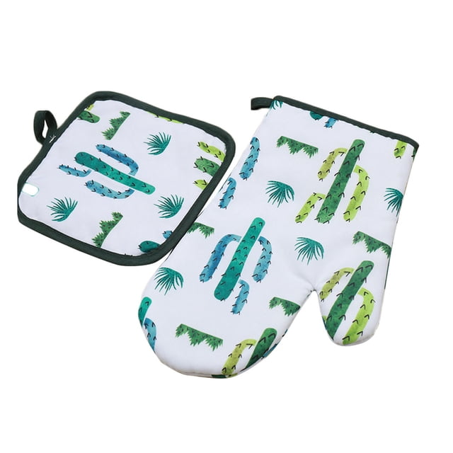 Decodeary 2Pcs Cactus Isolé Tampon Gant Cuisine Four Gants Résistant à la Chaleur Coussin Tapis Style Deux 1Set