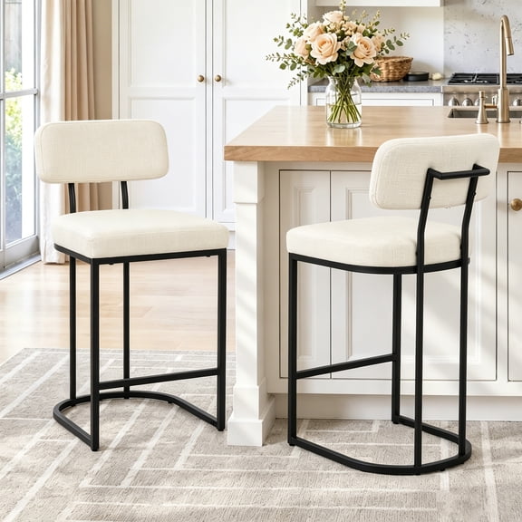 CRERIYO Counter Height Bar Stools Set of 2, Upholstered Kitchen Island Chairs with Thick Padded Seats, Backrests and Sturdy Metal Frame, Beige