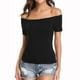 thumbnail image 2 of Camiseta ajustada de manga corta con hombros descubiertos para mujer - Poliéster/spandex, color liso, estilo informal - Tallas S-XL, 2 of 4