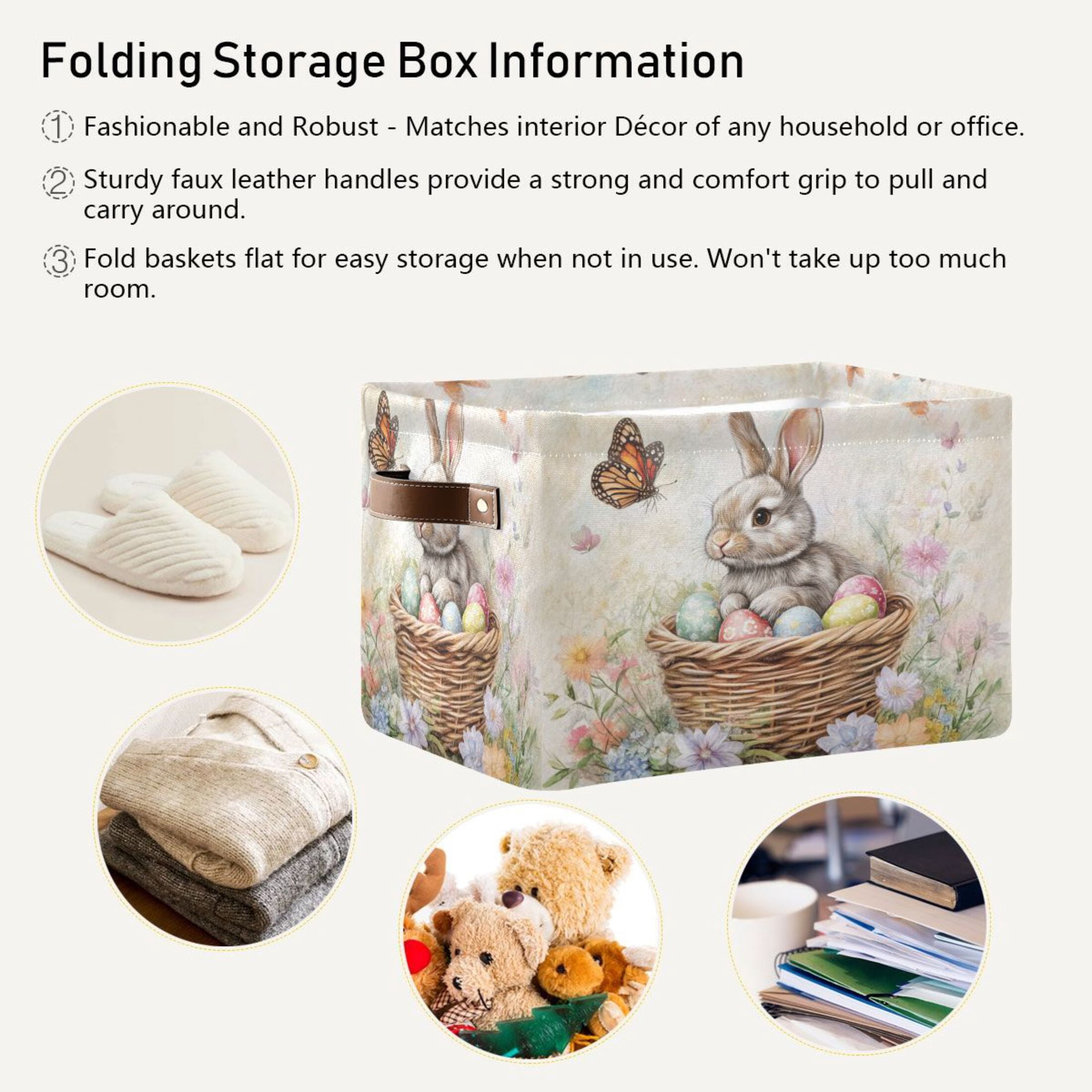 WOBOGO Gray Easter Rabbit Square Storage Basket with Waterproof Canvas and PE Lining Durable PU Leather Handles 14.2×10.2×8.3in